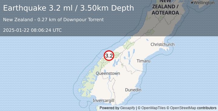 Earthquake SOUTH ISLAND OF NEW ZEALAND (3.2 ml) (2025-01-22 08:06:24 UTC)