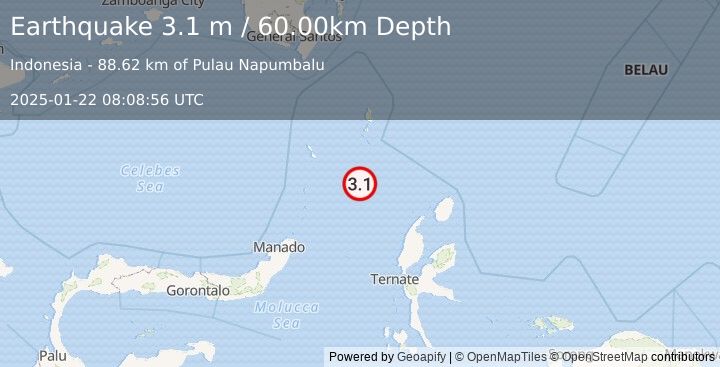 Earthquake MOLUCCA SEA (3.1 m) (2025-01-22 08:08:56 UTC)