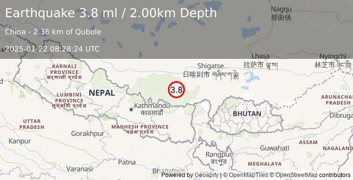 Earthquake WESTERN XIZANG (3.8 ml) (2025-01-22 08:28:24 UTC)