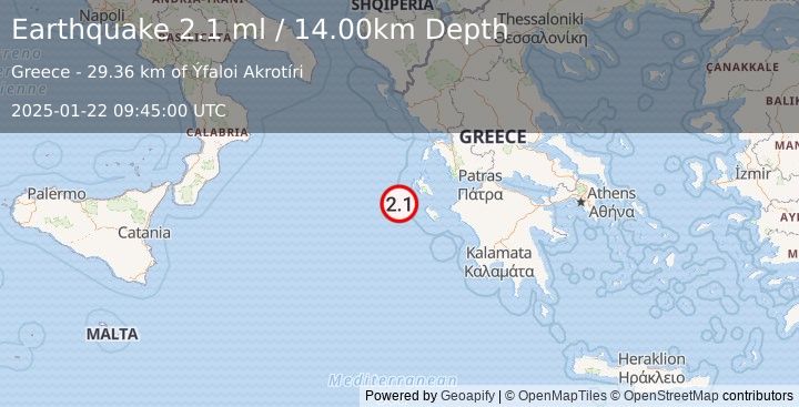 Earthquake IONIAN SEA (2.1 ml) (2025-01-22 09:45:00 UTC)