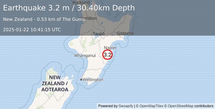 Earthquake NORTH ISLAND OF NEW ZEALAND (3.2 m) (2025-01-22 10:41:15 UTC)