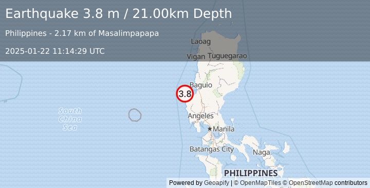 Earthquake LUZON, PHILIPPINES (3.8 m) (2025-01-22 11:14:29 UTC)