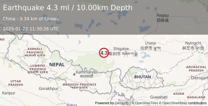 Earthquake WESTERN XIZANG (4.3 ml) (2025-01-22 11:30:26 UTC)