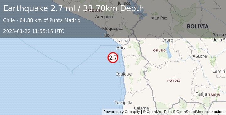 Earthquake OFFSHORE TARAPACA, CHILE (2.7 ml) (2025-01-22 11:55:16 UTC)