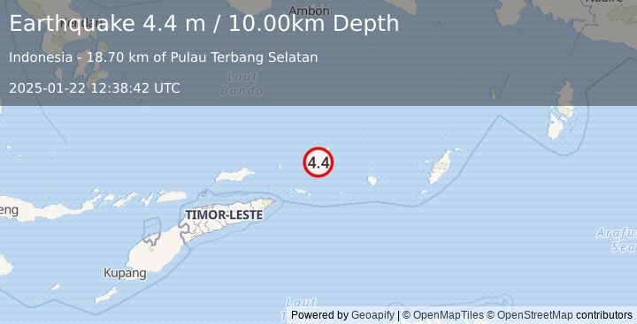 Earthquake KEPULAUAN BARAT DAYA, INDONESIA (4.4 m) (2025-01-22 12:38:42 UTC)