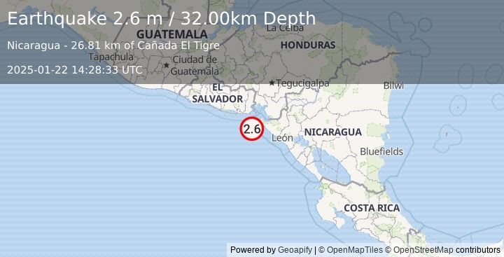 Earthquake NEAR COAST OF NICARAGUA (2.6 m) (2025-01-22 14:28:33 UTC)