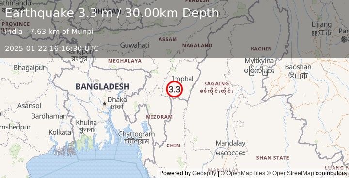 Earthquake MANIPUR, INDIA REGION (3.3 m) (2025-01-22 16:16:30 UTC)