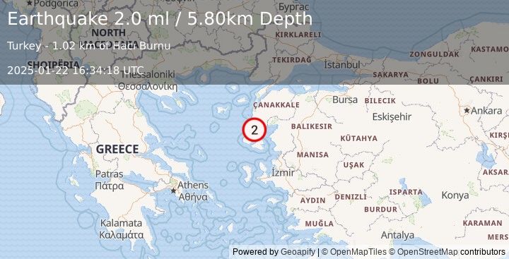 Earthquake NEAR THE COAST OF WESTERN TURKEY (2.0 ml) (2025-01-22 16:34:18 UTC)