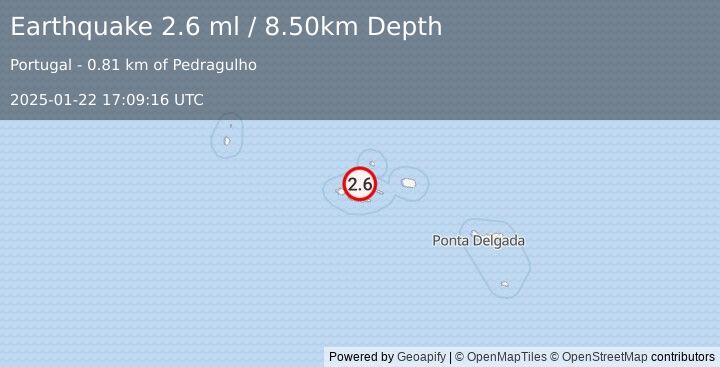 Earthquake AZORES ISLANDS, PORTUGAL (2.6 ml) (2025-01-22 17:09:16 UTC)