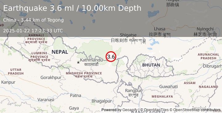 Earthquake WESTERN XIZANG (3.6 ml) (2025-01-22 17:23:33 UTC)