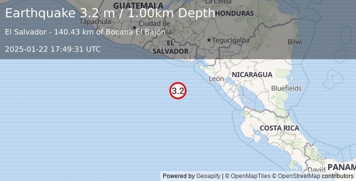 Earthquake OFF COAST OF CENTRAL AMERICA (3.2 m) (2025-01-22 17:49:31 UTC)