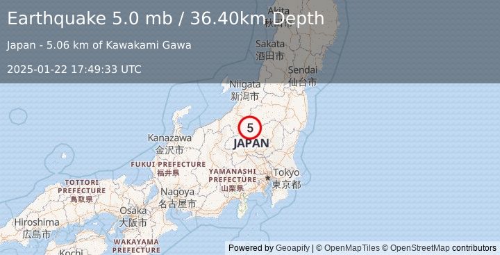 Earthquake EASTERN HONSHU, JAPAN (5.0 mb) (2025-01-22 17:49:33 UTC)