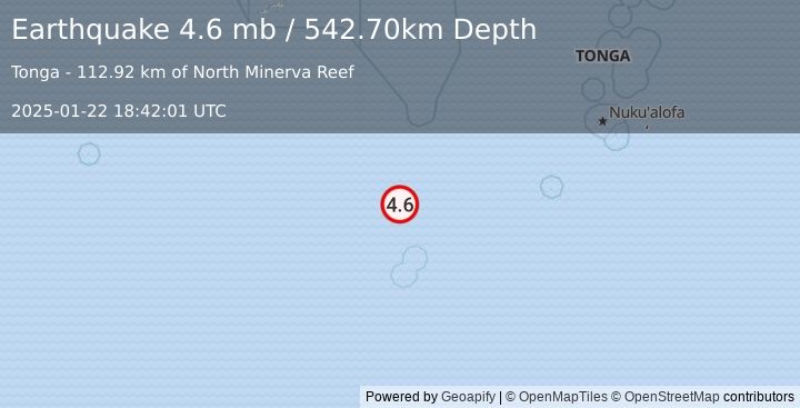 Earthquake SOUTH OF FIJI ISLANDS (4.6 mb) (2025-01-22 18:42:01 UTC)