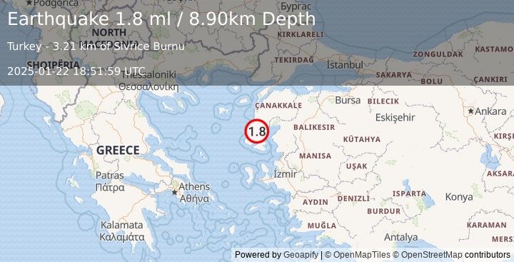 Earthquake NEAR THE COAST OF WESTERN TURKEY (1.8 ml) (2025-01-22 18:51:59 UTC)