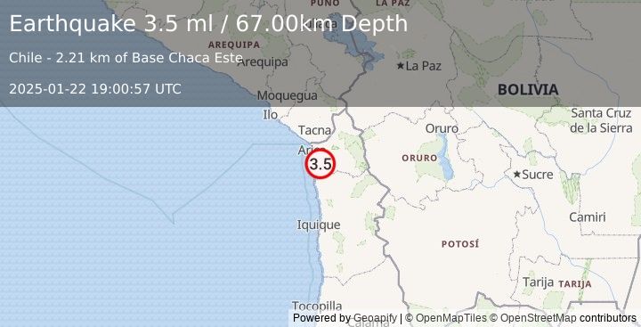 Earthquake TARAPACA, CHILE (3.5 ml) (2025-01-22 19:00:57 UTC)