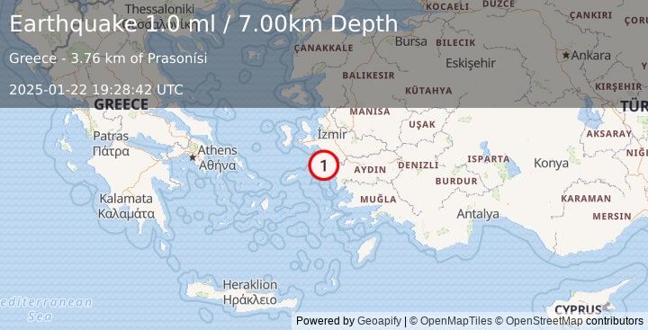 Earthquake DODECANESE ISLANDS, GREECE (1.0 ml) (2025-01-22 19:28:42 UTC)