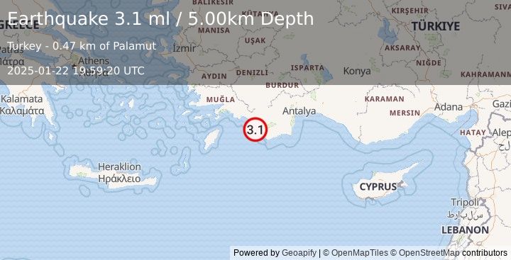 Earthquake WESTERN TURKEY (3.1 ml) (2025-01-22 19:59:20 UTC)