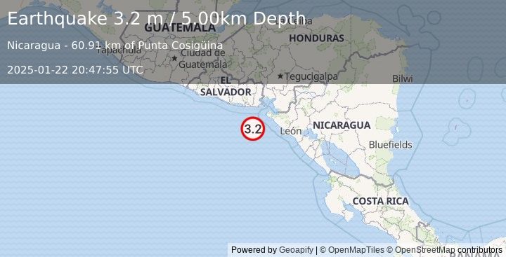 Earthquake OFF THE COAST OF EL SALVADOR (3.3 m) (2025-01-22 20:47:47 UTC)