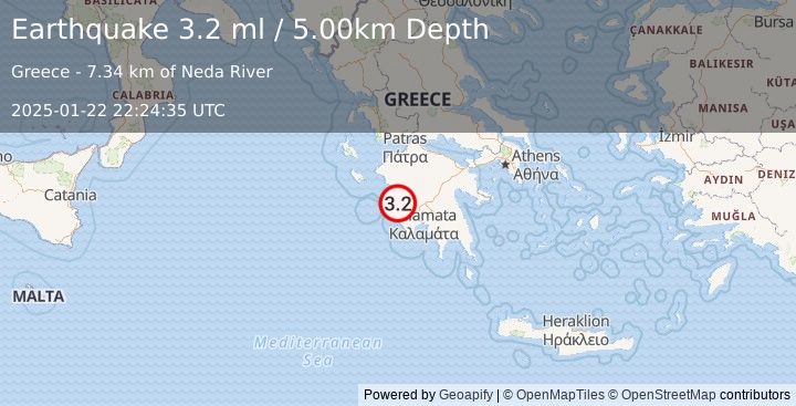 Earthquake SOUTHERN GREECE (3.2 ml) (2025-01-22 22:24:35 UTC)