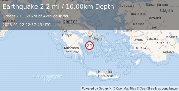 Earthquake SOUTHERN GREECE (2.2 ml) (2025-01-22 22:37:43 UTC)