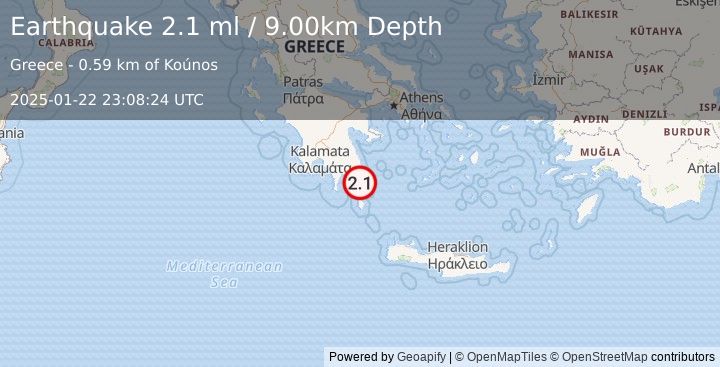 Earthquake SOUTHERN GREECE (2.1 ml) (2025-01-22 23:08:24 UTC)