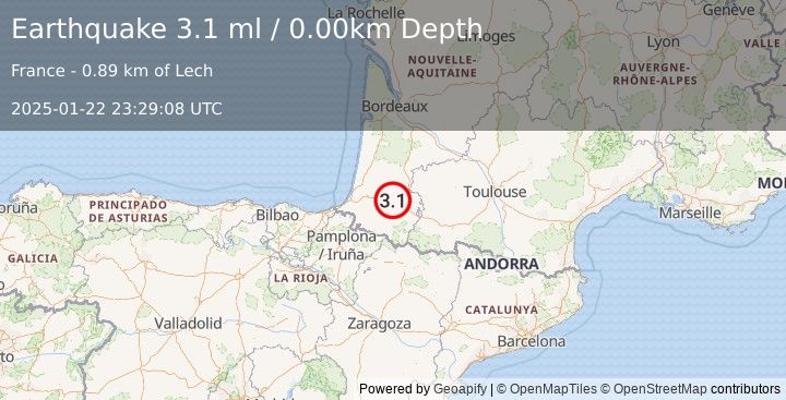 Earthquake PYRENEES (3.1 ml) (2025-01-22 23:29:08 UTC)