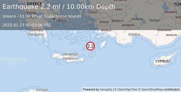 Earthquake DODECANESE ISLANDS, GREECE (2.2 ml) (2025-01-23 00:03:06 UTC)