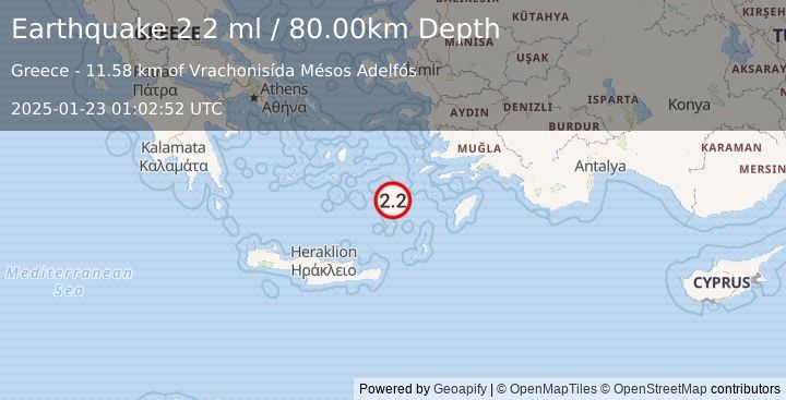 Earthquake DODECANESE ISLANDS, GREECE (2.2 ml) (2025-01-23 01:02:52 UTC)