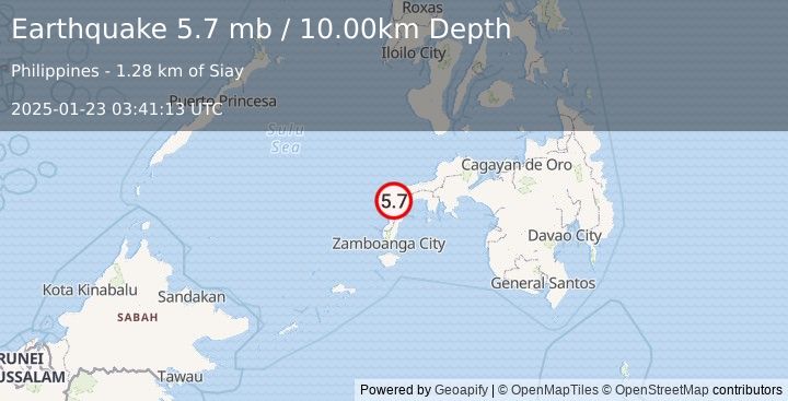 Earthquake MINDANAO, PHILIPPINES (5.4 mw) (2025-01-23 03:41:09 UTC)