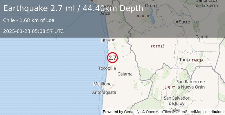 Earthquake TARAPACA, CHILE (2.7 ml) (2025-01-23 05:08:57 UTC)