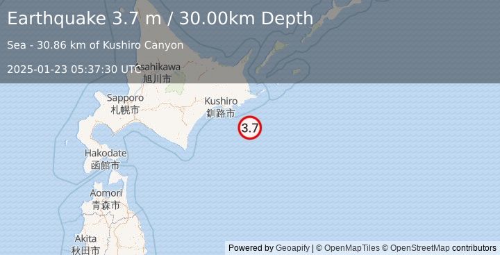 Earthquake HOKKAIDO, JAPAN REGION (3.7 m) (2025-01-23 05:37:30 UTC)