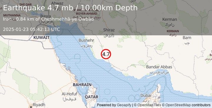 Earthquake SOUTHERN IRAN (4.7 mb) (2025-01-23 05:42:13 UTC)