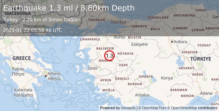 Earthquake WESTERN TURKEY (1.3 ml) (2025-01-23 05:58:46 UTC)