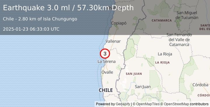 Earthquake OFFSHORE COQUIMBO, CHILE (3.0 ml) (2025-01-23 06:33:03 UTC)