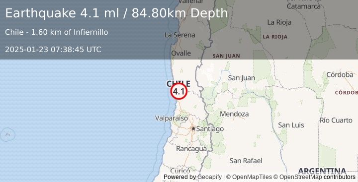 Earthquake COQUIMBO, CHILE (4.1 ml) (2025-01-23 07:38:45 UTC)