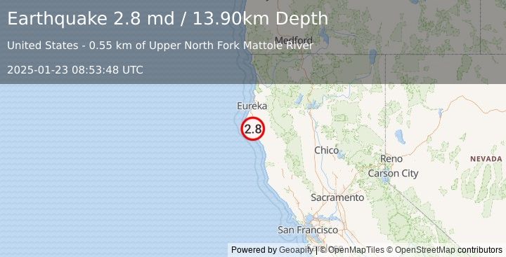 Earthquake NORTHERN CALIFORNIA (2.8 md) (2025-01-23 08:53:48 UTC)