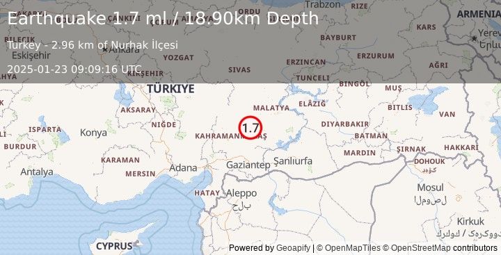 Earthquake CENTRAL TURKEY (1.7 ml) (2025-01-23 09:09:16 UTC)