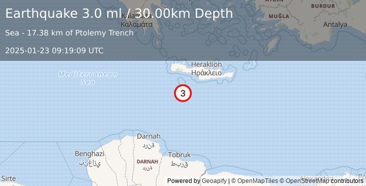 Earthquake CRETE, GREECE (3.0 ml) (2025-01-23 09:19:09 UTC)