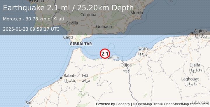 Earthquake STRAIT OF GIBRALTAR (2.1 ml) (2025-01-23 09:59:17 UTC)