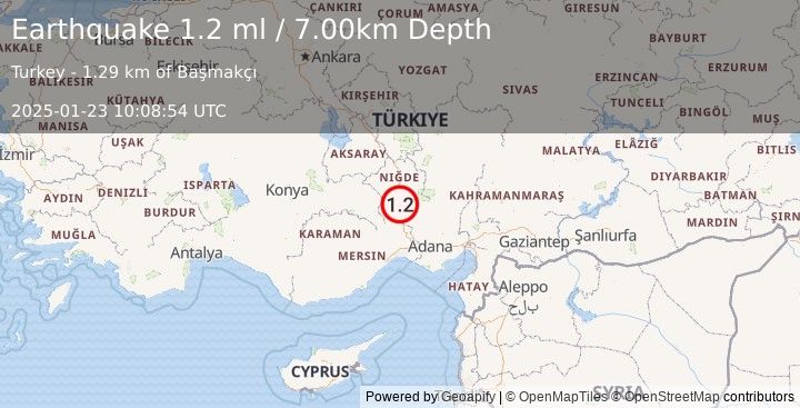 Earthquake CENTRAL TURKEY (1.2 ml) (2025-01-23 10:08:54 UTC)