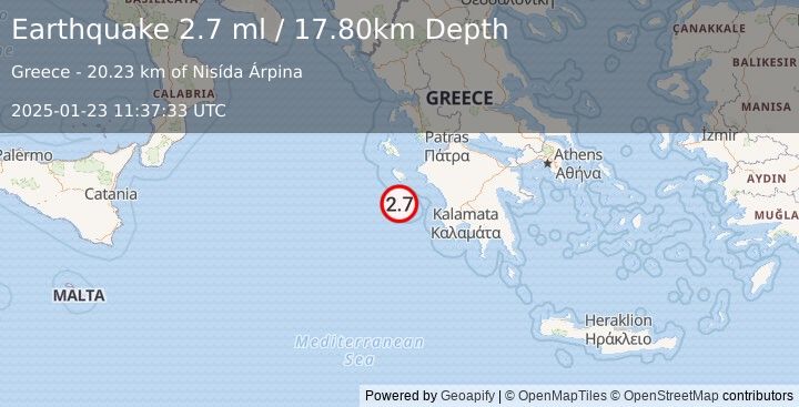 Earthquake IONIAN SEA (2.7 ml) (2025-01-23 11:37:33 UTC)