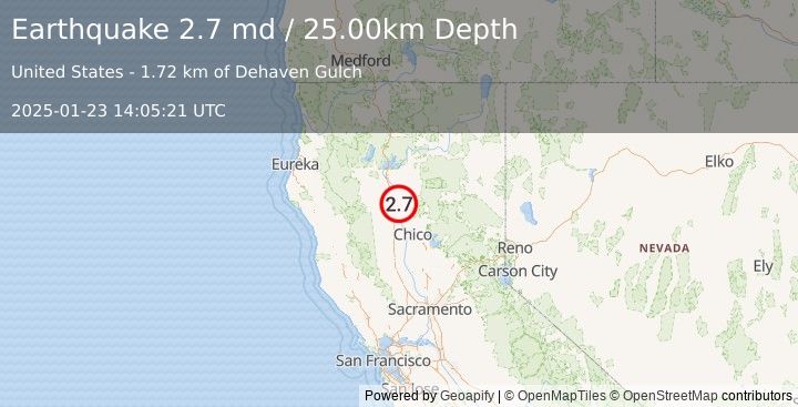 Earthquake NORTHERN CALIFORNIA (2.7 md) (2025-01-23 14:05:21 UTC)