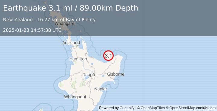 Earthquake OFF E. COAST OF N. ISLAND, N.Z. (3.1 ml) (2025-01-23 14:57:38 UTC)