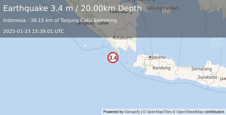 Earthquake SUNDA STRAIT, INDONESIA (3.4 m) (2025-01-23 15:39:01 UTC)