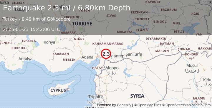 Earthquake CENTRAL TURKEY (2.3 ml) (2025-01-23 15:42:06 UTC)