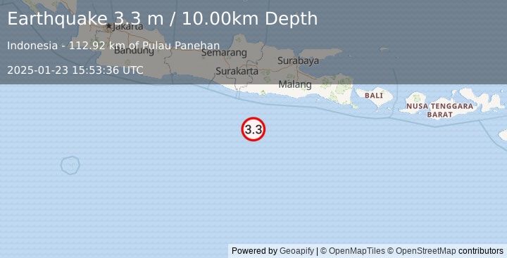 Earthquake SOUTH OF JAVA, INDONESIA (3.3 m) (2025-01-23 15:53:36 UTC)