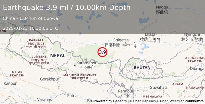 Earthquake WESTERN XIZANG (3.9 ml) (2025-01-23 16:30:06 UTC)