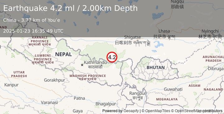 Earthquake WESTERN XIZANG (4.2 ml) (2025-01-23 16:35:49 UTC)