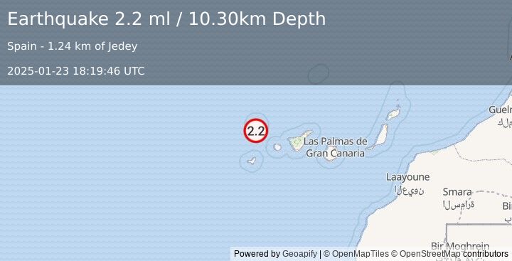 Earthquake CANARY ISLANDS, SPAIN REGION (2.2 ml) (2025-01-23 18:19:46 UTC)