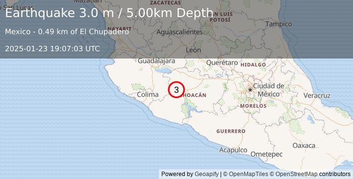 Earthquake MICHOACAN, MEXICO (3.0 m) (2025-01-23 19:07:03 UTC)